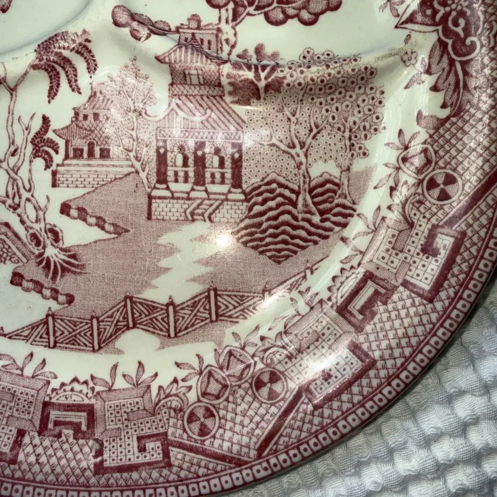 Vintage pink Rosa red Willow divided dinner plate outdoor scene birds, USA